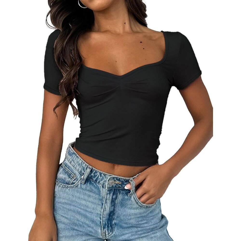 Women's Cropped Tops Black Short Sleeve Pleated Ruched Casual Sweetheart Neck